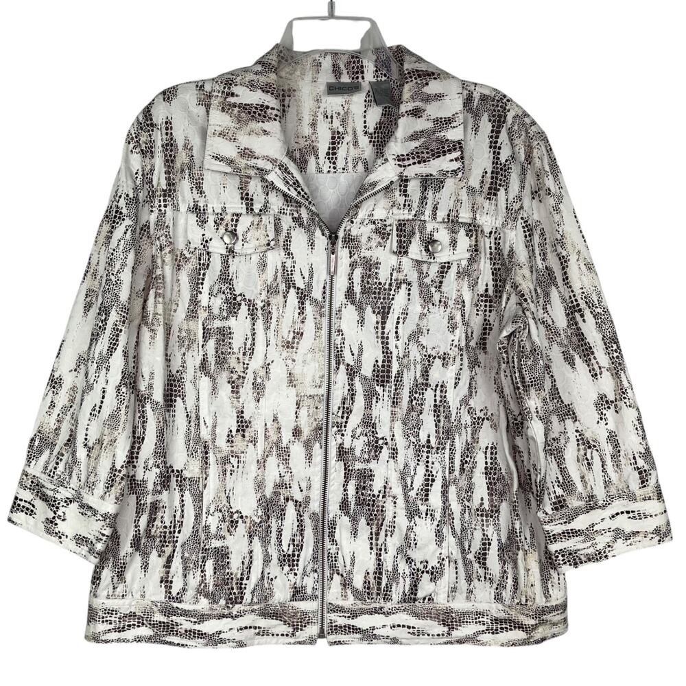 Chico's Animal Snake Print 3/4 Sleeve Zip Canvas Jacket Women's Sz 2 (L /12)